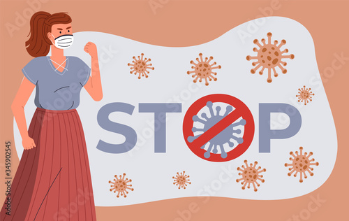 Young woman brunette wearing face medical mask fighting with spreading flying virus. Huge crossed out sign with virus inside. Stop world epidemy concept. Cartoon character in flat style