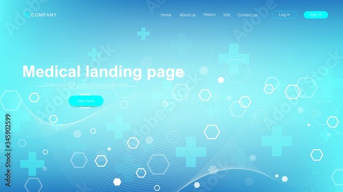 Medical landing page template design. Abstract health care banner template. Asbtract scientific background with hexagons. Innovation pattern. Vector illustration.