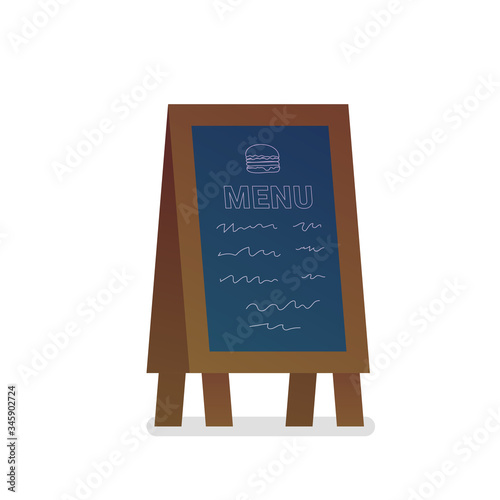 Menu black board isolated icon in flat style. Street food catering service announcement stand. Chalkboard for cafe or restaurant daily menu. Street food advertising signboard vector illustration.