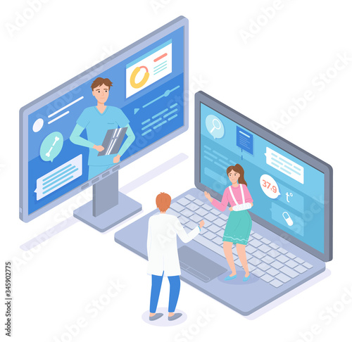 Isometric computer display, laptop with website. Woman patient with broken hand in gypsum consulting with two sawbones, surgeon through online medical cabinet. Concept of virtual medicine at distance