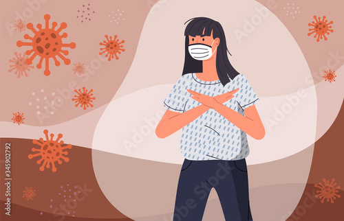 Portrait of woman wear face medical mask show crossed hands, stop gesture at flat background. Flying virus pathogen, woman protected from virus with shell. Cartoon character protected immune system
