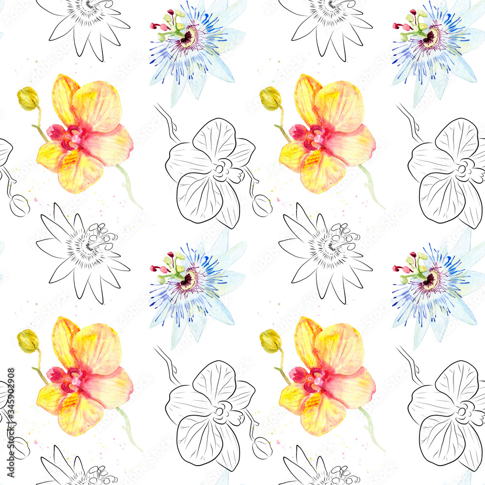 watercolor drawing of exotic flowers with contour - seamless pattern