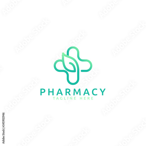pharmacy logo vector graphic with cross and leaves image for any business especially for healthcare and medical.