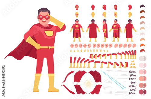 Male super hero in classic red costume construction set with motion, sound effects. Comic book superpower man best in combat and battle, successful leader. Cartoon flat style infographic illustration