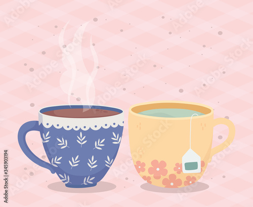 coffee time, cups coffee tea teabag fresh beverage