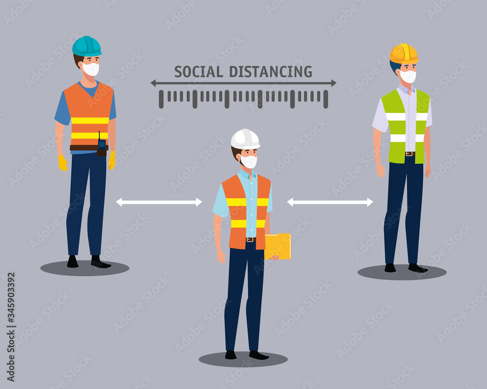 builders using face masks and social distancing for covid19 vector illustration design builders using face masks and social distancing for covid19 vector illustration design