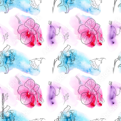 watercolor drawing of exotic flowers with contour - seamless pattern photo