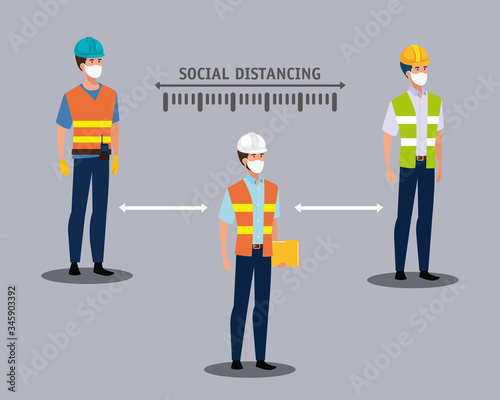 builders using face masks and social distancing for covid19 vector illustration design