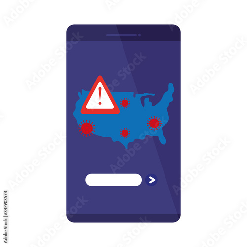 usa map with covid19 particles in smartphone vector illustration design