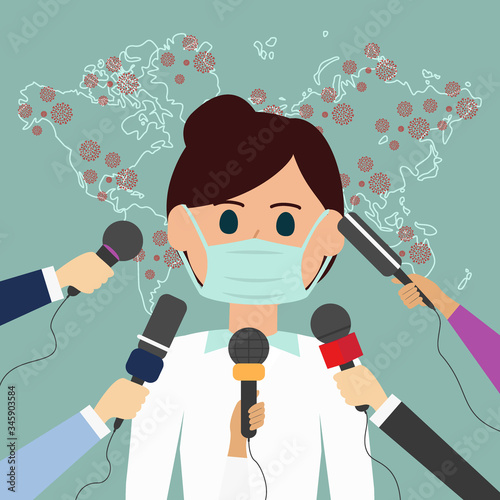 Coronavirus in World. Quarantine vector doctor with medical mask Press conference, live news