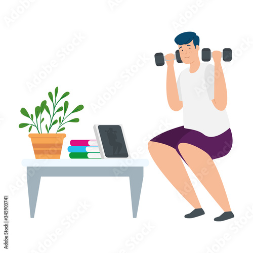 young man stay at home lifting dumbbells vector illustration design