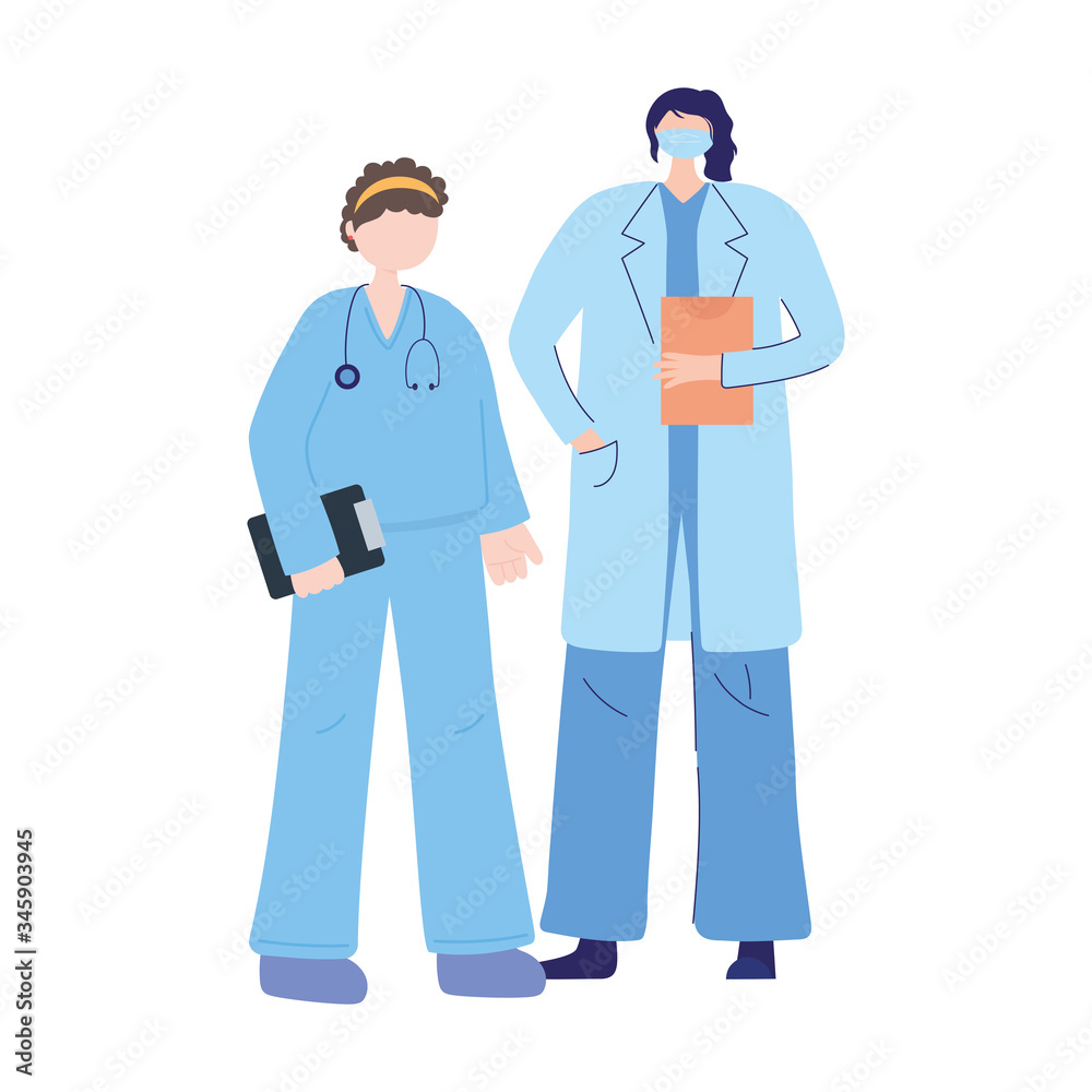 thanks doctors nurses, female physician and nurse with mask and medical report thanks doctors nurses, female physician and nurse with mask and medical report