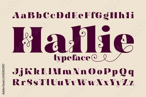 Classic vector font set named Hallie with elegant curly shapes