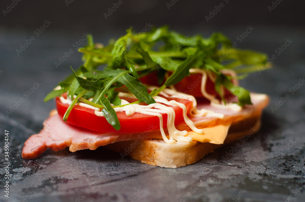 Delicious sandwich with ham and sturgeon, arugula, cheese, tomato and mayonnaise on a gray background side view Delicious sandwich with ham and sturgeon, arugula, cheese, tomato and mayonnaise on a gray background side view