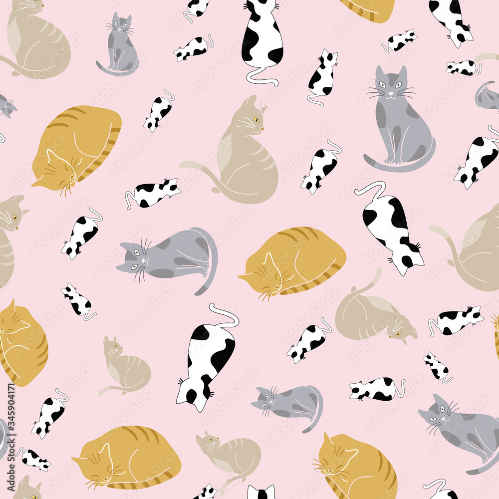 Colorful cats seamless pattern on pastel pink background