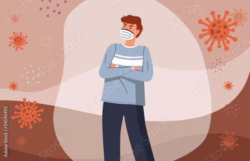 Portrait of man wear face medical mask protected with immune system at flat background with flying virus pathogen. Guy protected from virus with shell. Cartoon character protest against world epidemy