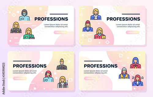 Vector color linear icon of different female occupation banner set