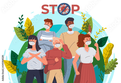 Crowd of people in medical masks call to fight with virus standing at earth background. Concept of coronavirus world spreading. People show stop gesture, protesting against virus, crossed out sign