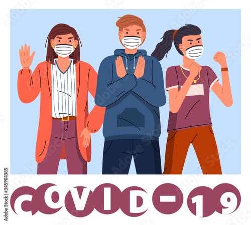 Guy and girls wearing face protective medical masks protesting to stop world epidemic. Group of characters call to fight with coronavirus. Concept of covid19. Vector banner in flat style with text