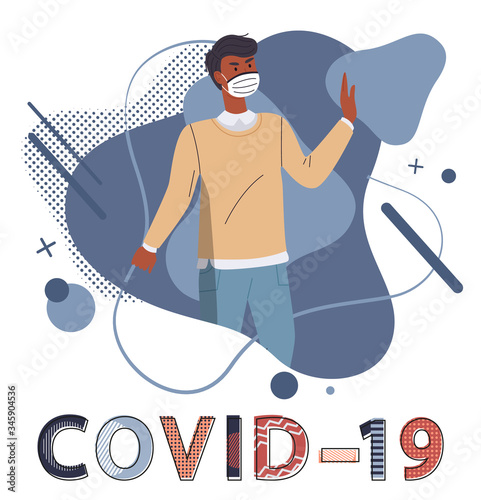 Black man wearing face medical mask show stop gesture against spreading covid19. Blue abstract vector elements at background. Stop world epidemy concept. Isolated cartoon character in flat style