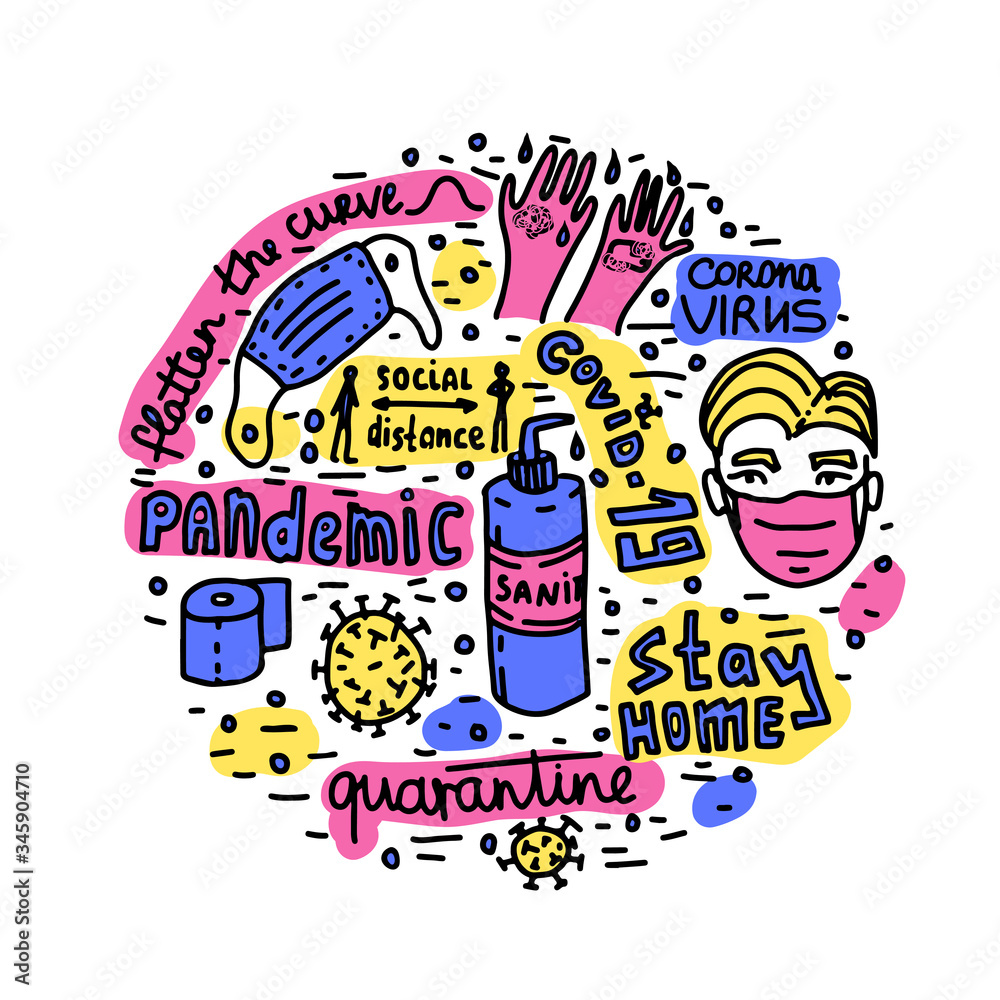 Naklejka premium Pandemic epidemic coronavirus quarantine vector lettering doodle