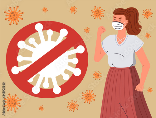 Young woman brunette in medical mask fighting with spreading flying virus. Huge crossed out sign with bright virus. Stop world epidemy concept. Cartoon character in flat style at yellow background