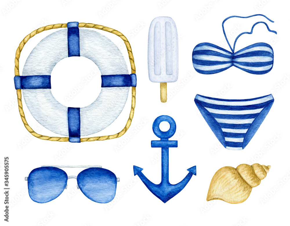 Watercolor Summer sea yacht equipment and vacation accessories: anchor,  lifebuoy, sunglasses, seashell, bikini swimsuit. Hand drawn marine clipart  elements isolated for design logo, poster, pattern ilustración de Stock |  Adobe Stock