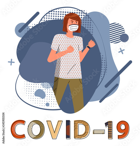 Young girl wearing respiratory medical mask ready to fight against spreading of covid-19. Blue abstract vector elements at the background. Stop world epidemy. Cartoon character in flat style