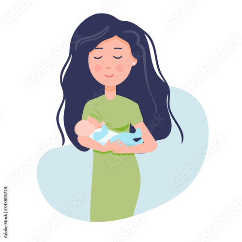 Woman feeds baby with breast milk. Healthy lactation and motherhood. flat