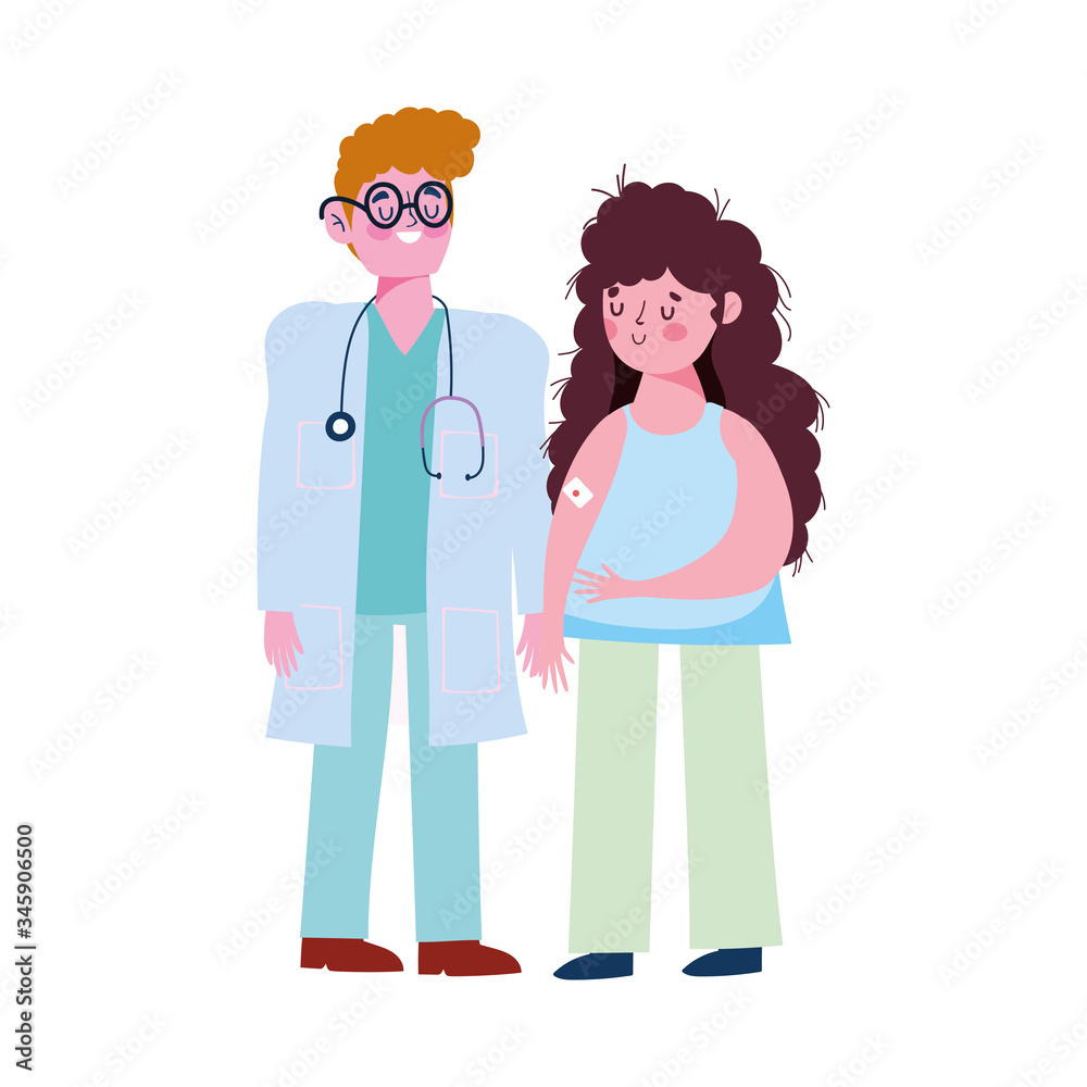 vaccination medical care, physician and girl patient with band aid in arm vaccination medical care, physician and girl patient with band aid in arm