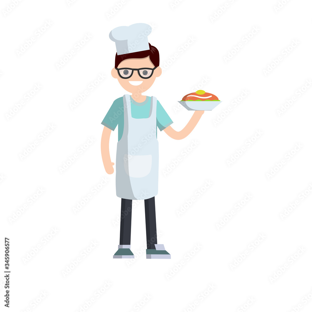 Chef in white apron and cap with plate of food. Work in cafes and restaurant. Kind of profession. The man cooked meal on dish. Cartoon flat illustration Chef in white apron and cap with plate of food. Work in cafes and restaurant. Kind of profession. The man cooked meal on dish. Cartoon flat illustration