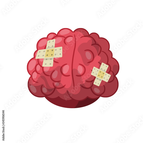 Human brain. Problems with mind and memory. Bruises and medical patch. Treatment of organ. Beating and trauma. Funny Cartoon flat illustration