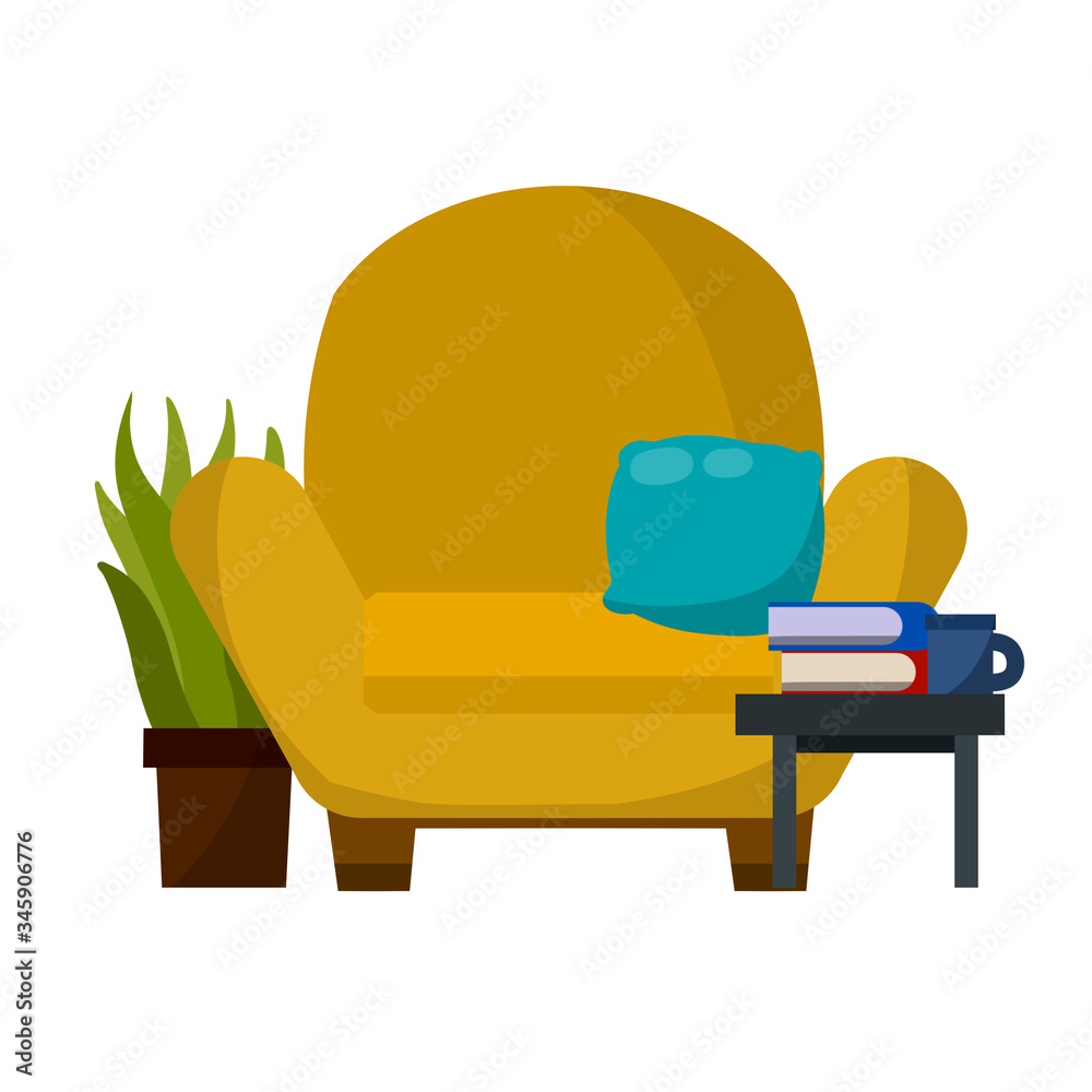 Chair, table with book. Furniture in a cozy room. Brown armchair. Soft seat. place to read and relax. Cartoon flat illustration. Blue pillow Chair, table with book. Furniture in a cozy room. Brown armchair. Soft seat. place to read and relax. Cartoon flat illustration. Blue pillow