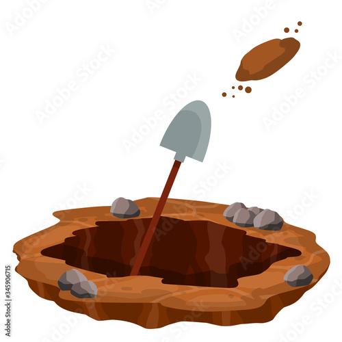 Digging a hole. Shovel and dry brown earth. Grave and excavation. Cartoon flat illustration in white background. Funeral in desert. Pile dirt and stones