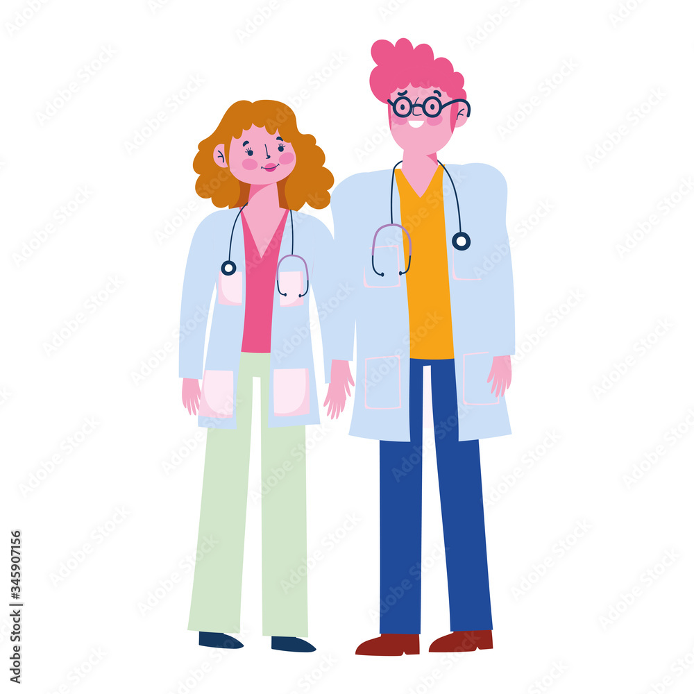 thanks you doctors, male and female physicians with stethoscope and uniform thanks you doctors, male and female physicians with stethoscope and uniform
