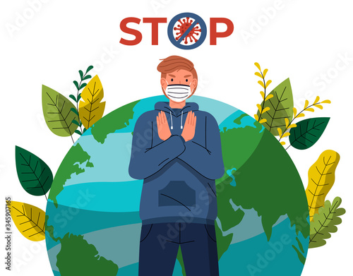 Young man in face medical mask ast to stop spreading virus at earth background. Concept of coronavirus world spreading. Stop gesture, crossed out sign with virus. Quarantine concept, world pandemic