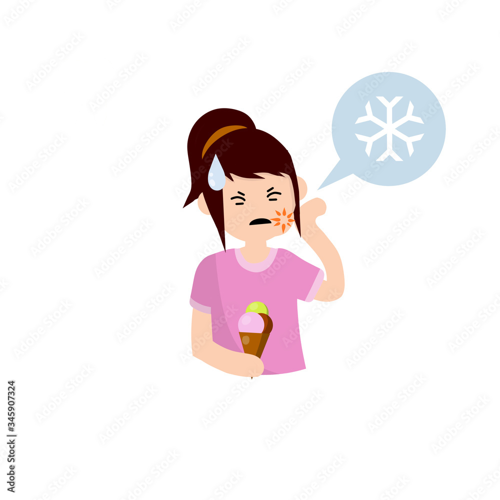 Tooth sensitivity. Woman and ice cream. Pain in cheek and cold. Sad girl. Cartoon flat illustration. Soreness and need for treatment. Bubble with a snowflake icon Tooth sensitivity. Woman and ice cream. Pain in cheek and cold. Sad girl. Cartoon flat illustration. Soreness and need for treatment. Bubble with a snowflake icon
