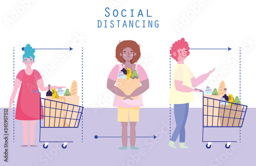 people hoarding purchase, covid 19 coronavirus prevention, social distancing, characters with shopping cart and bag