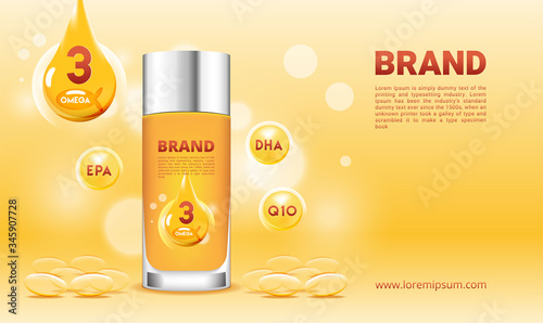 Supplements fish oil omega 3 with 3d packaging and capsule