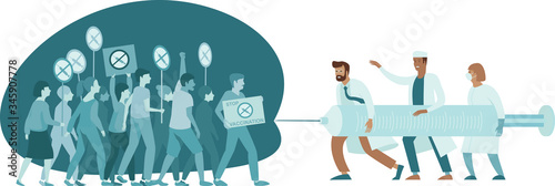 Doctors fighting against Anti Vaccination movement. Anti-Vaccine and Mandatory Immunization Protest Refusal. People Characters Rejecting Preventive Medicine. COncept flat vector illustration