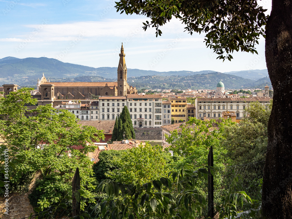 Basilica di Santa Croce in the green frame. Florence. Italy