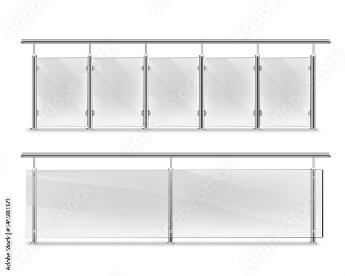 handrails with glass for advertising. Glass balustrade with metal handrails set. fencing sections with steel pillars. Panels balusters for architecture or build
