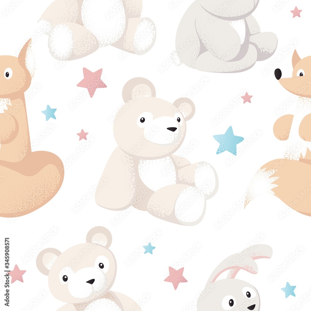 Fototapeta premium Seamless pattern with forest animals toys on white for baby products