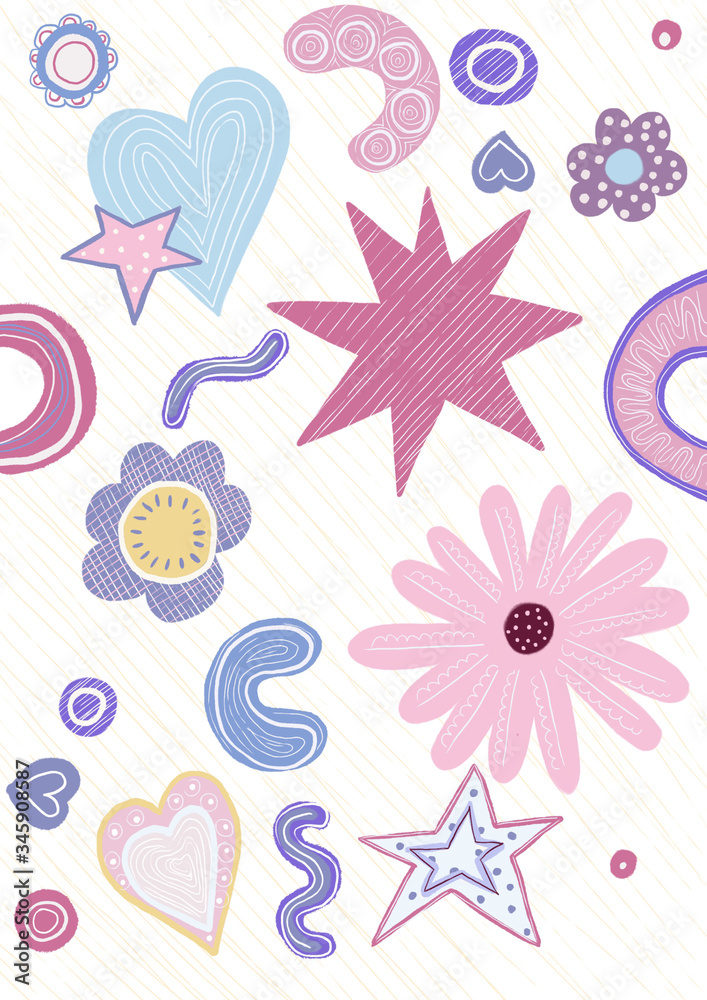 Children's print with hearts, stars and flowers. Cute pattern in blue and pink colors. Illustration for girls Children's print with hearts, stars and flowers. Cute pattern in blue and pink colors. Illustration for girls