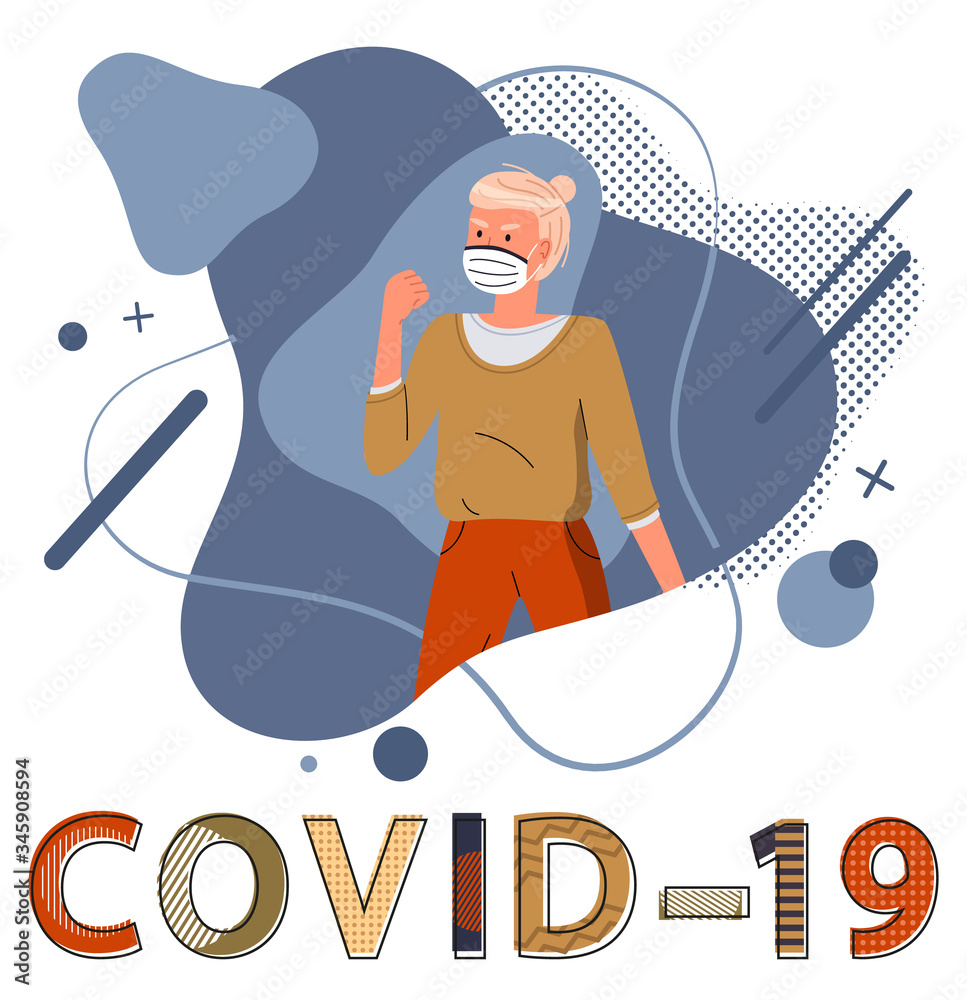 Blonde woman wearing face medical mask show fight gesture, fighting against spreading covid-19. Blue abstract vector elements at the background. Stop world epidemy. Cartoon character in flat style