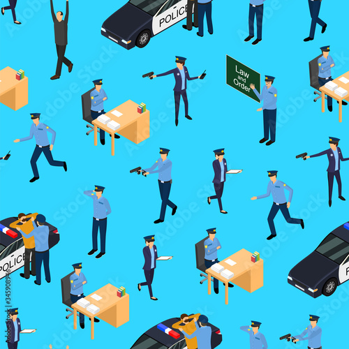 Character Policeman in Uniform Concept Seamless Pattern Background 3d Isometric View. Vector