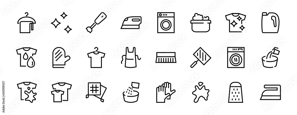 Simple set of washing related vector line Icons. Contains icons such as washing machine, powder, laundry, dirty t-shirt and much more. On a white background, editable stroke. 48x48 pixels perfect Simple set of washing related vector line Icons. Contains icons such as washing machine, powder, laundry, dirty t-shirt and much more. On a white background, editable stroke. 48x48 pixels perfect