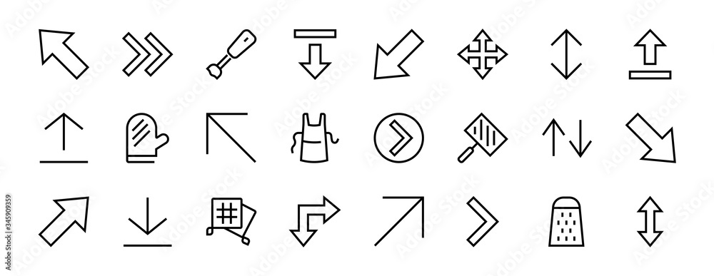 Set of line arrows, directions, arrows, contains icons such as pause, continuation, directly, to the right, Editable stroke. 480x480, On a white background, Vector illustration Set of line arrows, directions, arrows, contains icons such as pause, continuation, directly, to the right, Editable stroke. 480x480, On a white background, Vector illustration