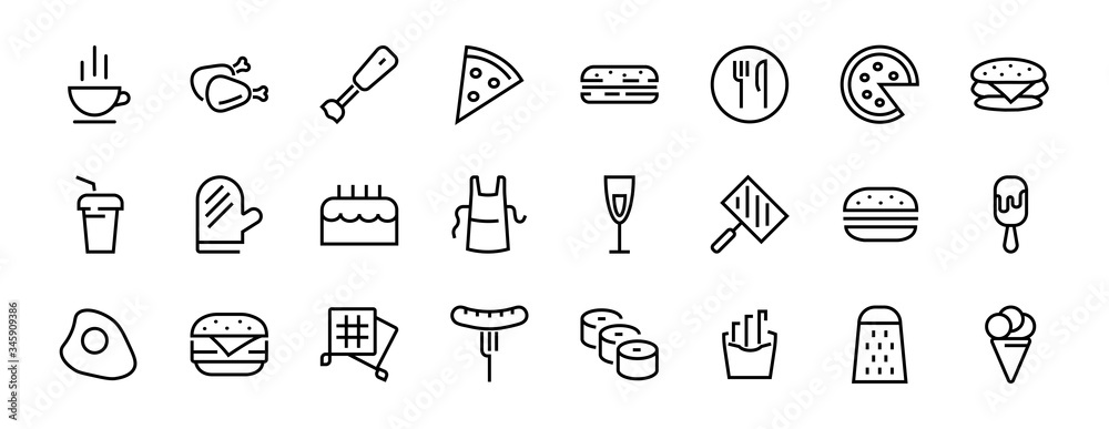 Fototapeta premium A simple set of fast food icons related to the vector line. Contains icons such as pizza, burger, sushi, bike, scrambled eggs and more. EDITABLE stroke. 480x480 pixels perfect, EPS 10