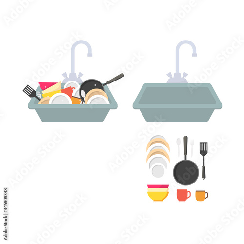 Cartoon Kitchen Sink with Different Kitchenware Set. Vector